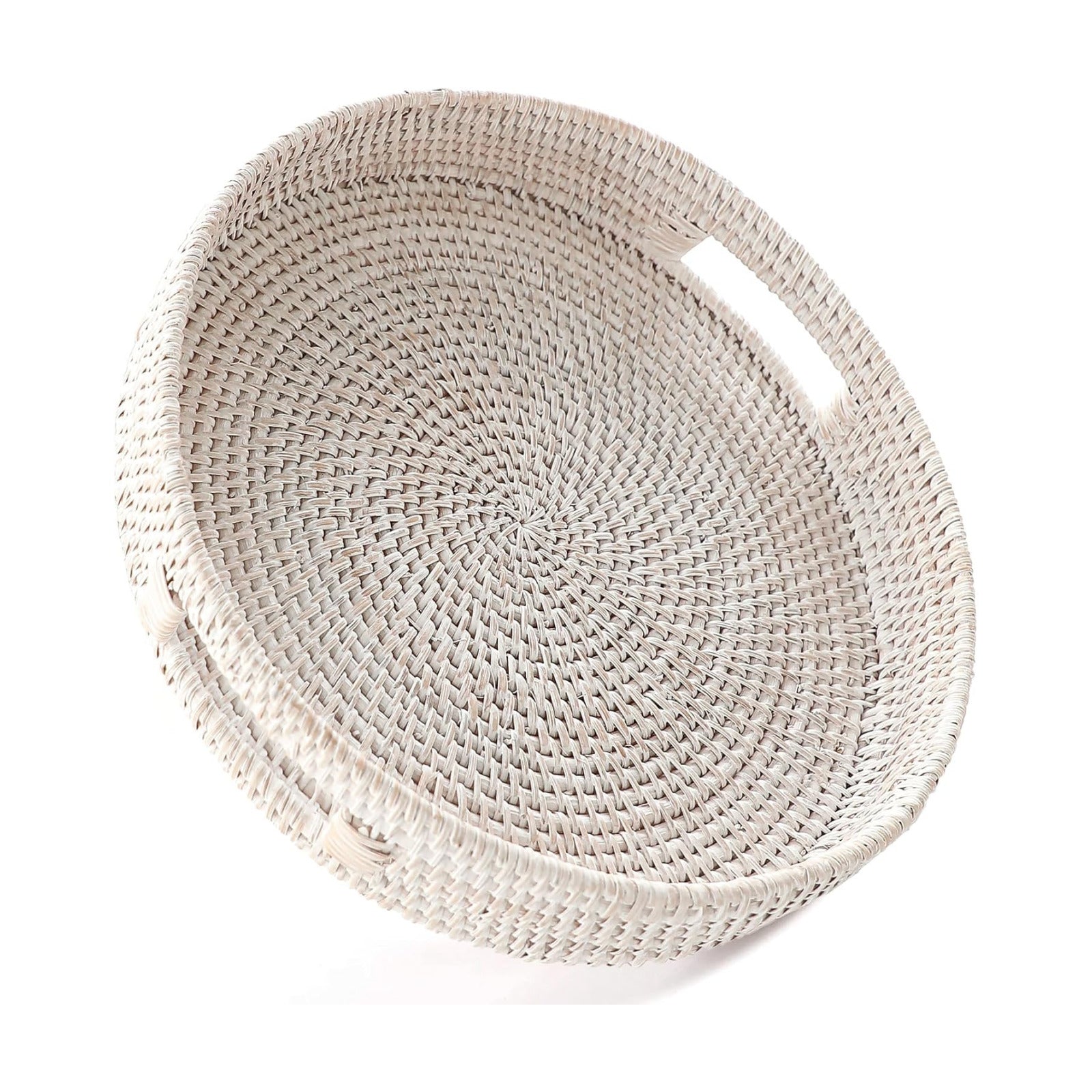 11.8" Hand-Woven Round Rattan Serving Tray Decorative Wicker Trays / Medium / Whitewash