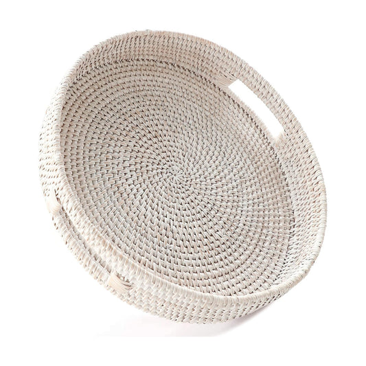 11.8" Hand-Woven Round Rattan Serving Tray Decorative Wicker Trays / Medium / Whitewash