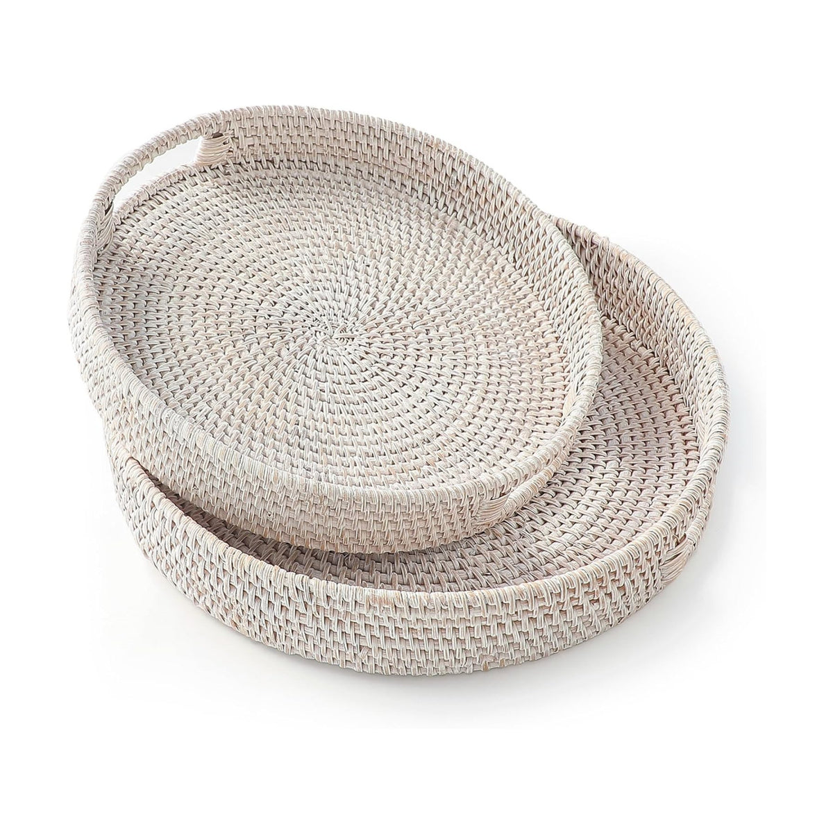 HITOMEN Hand-Woven Round Rattan Serving Tray Decorative Ottoman Wicker Platter with Handles for Coffee Table, Breakfast, Drinks, Snack, Bread, Fruit, Vegetables (Whitewash Set of 2: M+L)