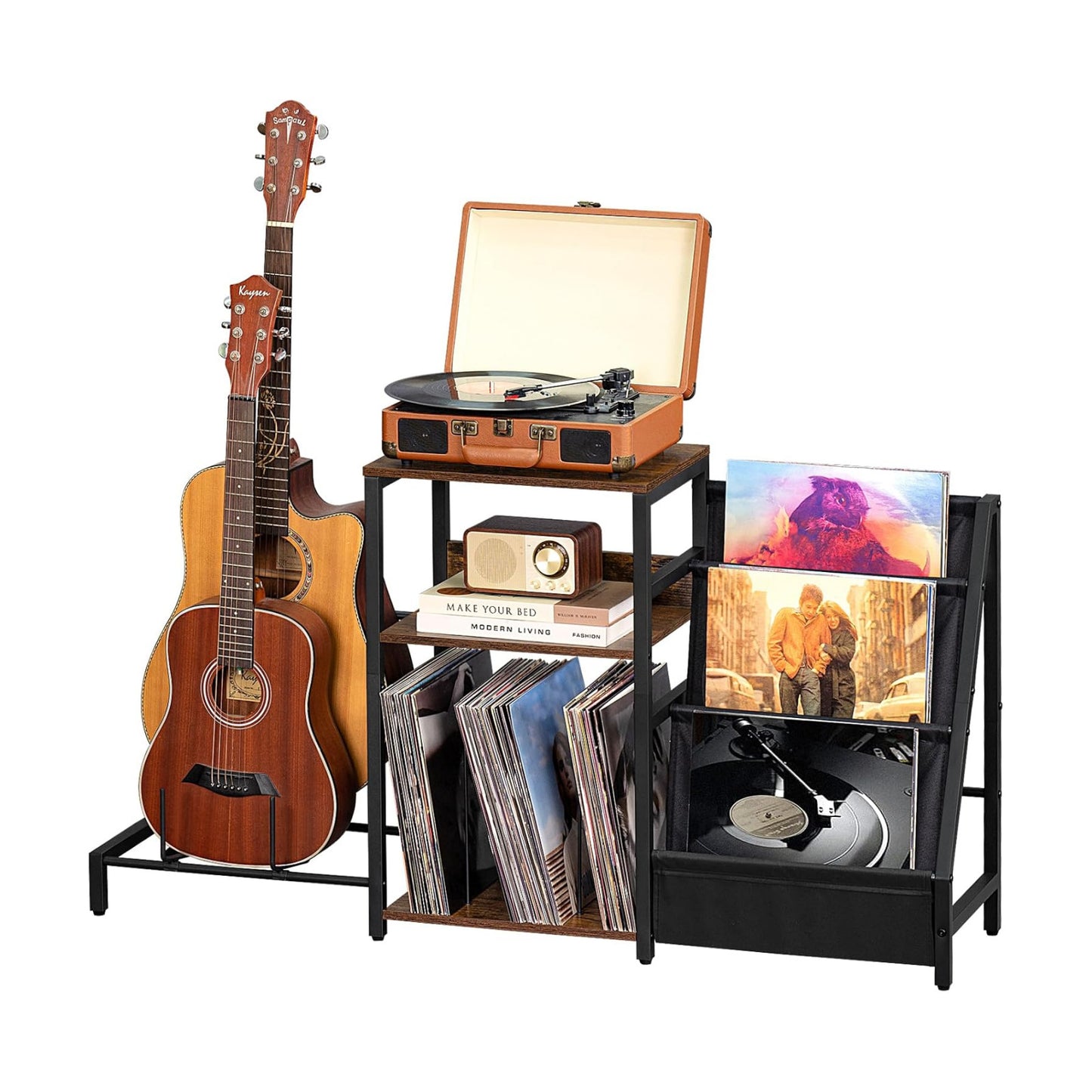 Record Player Stand, Adjustable Guitar Stand for Acoustic Guitar, Electric Guitar, Bass, Turntable Stand with Vinyl