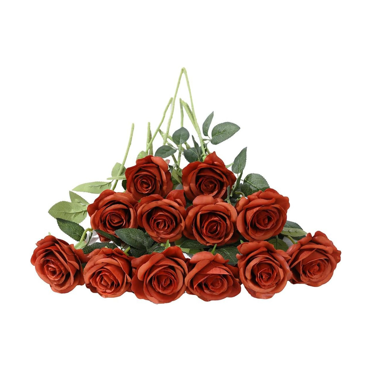 Laelfe 12 PCS Artificial Flowers Roses Silk Flowers Fake Long Stem Artificial Roses for Home Wedding Bathroom Kitchen Decorations(Brown Orange)