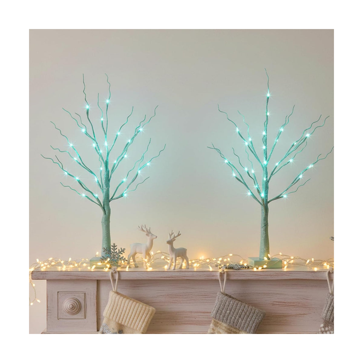 PEIDUO Blue-Green Trees Decor for Home, 2PK Tree Light Battery Powered Timer, Lighted Christmas Decorations Indoor, for Home Bedroom Living Room Fireplace Wedding Party New Year's Day and Christmas