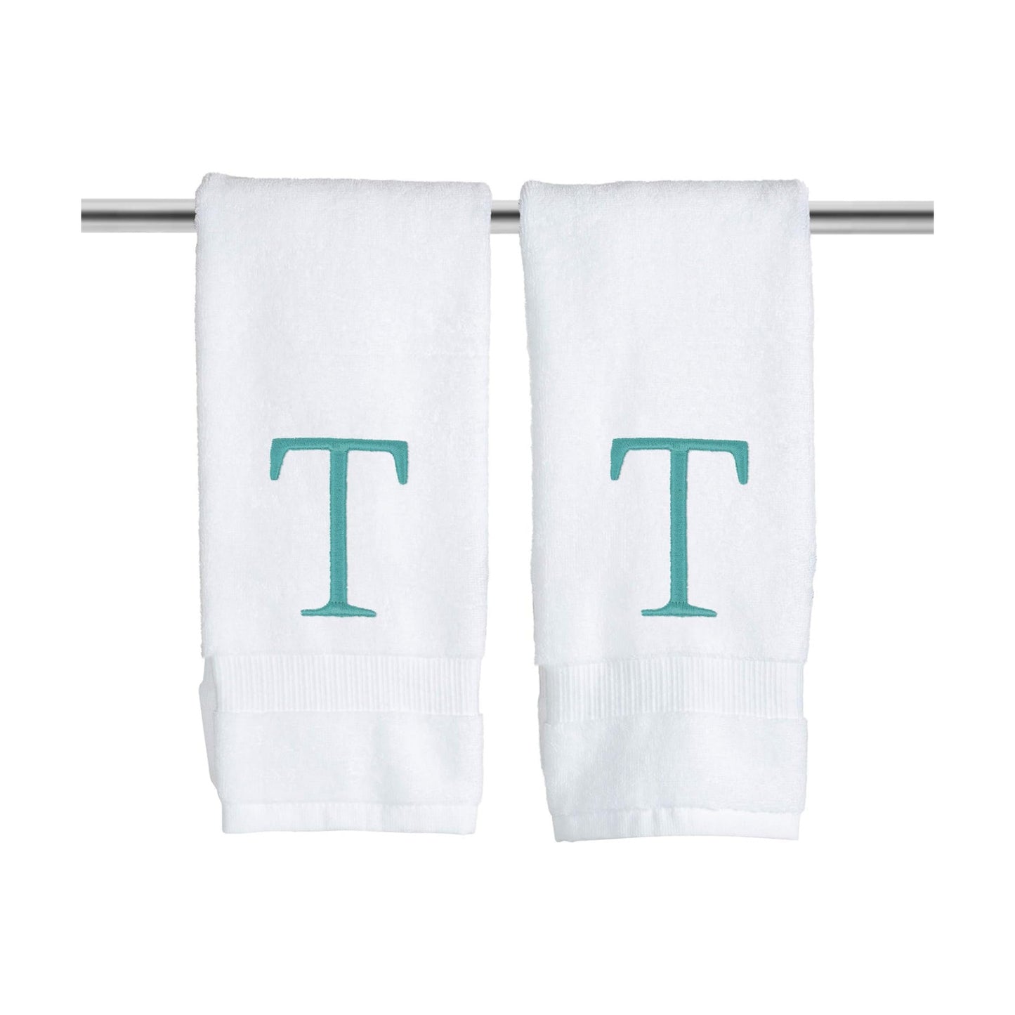 White with Teal Monogrammed Hand Towels for Bathroom - Set of 2 Letter T | Luxury Hotel Quality Initial Towels For