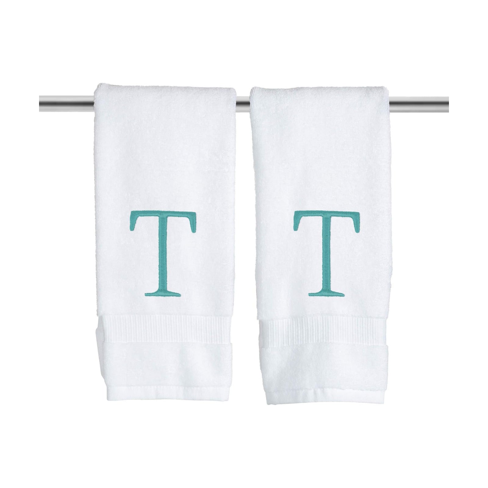 White with Teal Monogrammed Hand Towels for Bathroom - Set of 2 Letter T | Luxury Hotel Quality Initial Towels For