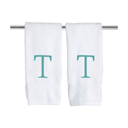 White with Teal Monogrammed Hand Towels for Bathroom - Set of 2 Letter T | Luxury Hotel Quality Initial Towels For