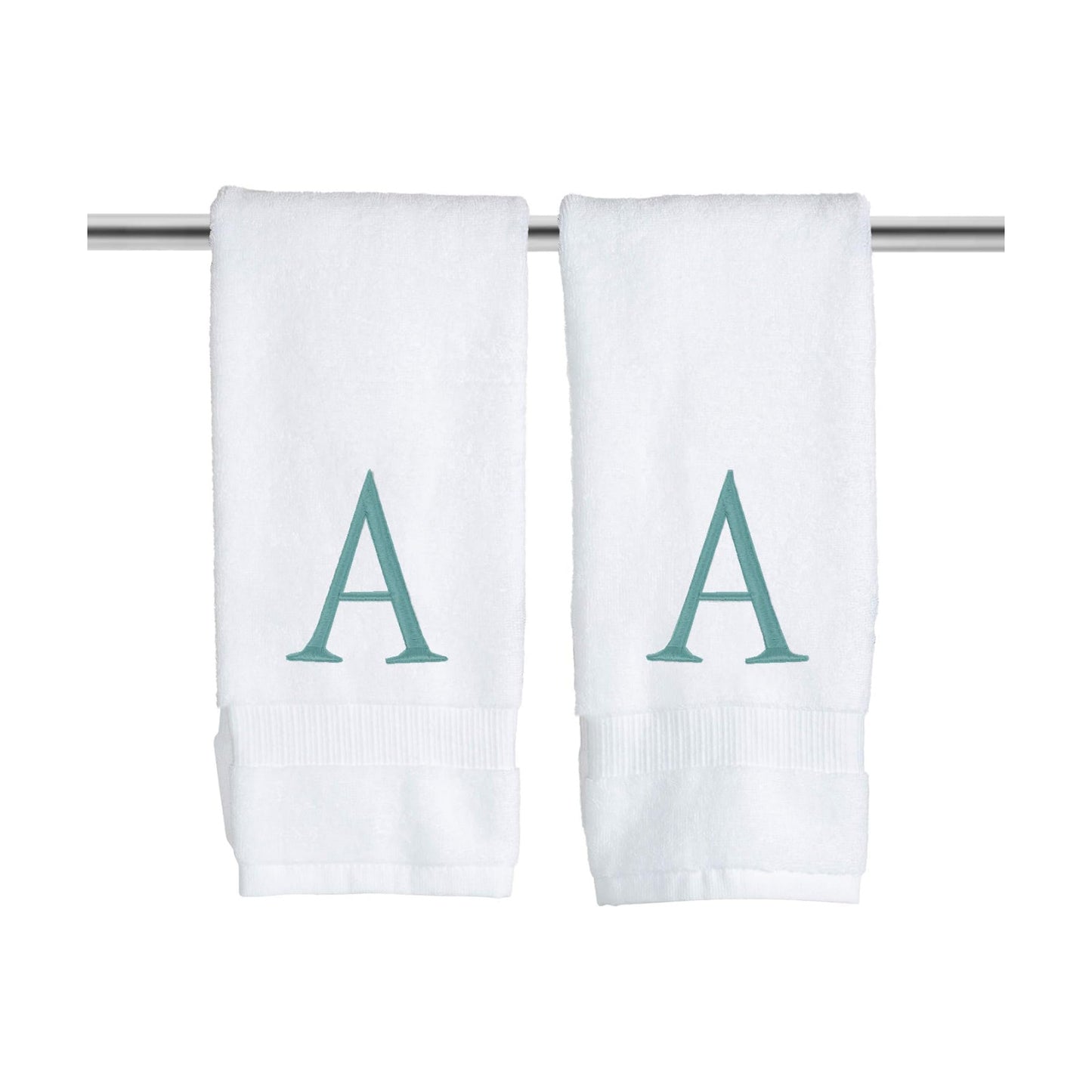 White with Teal Monogrammed Hand Towels for Bathroom - Set of 2 Letter A | Luxury Hotel Quality Initial Towels For