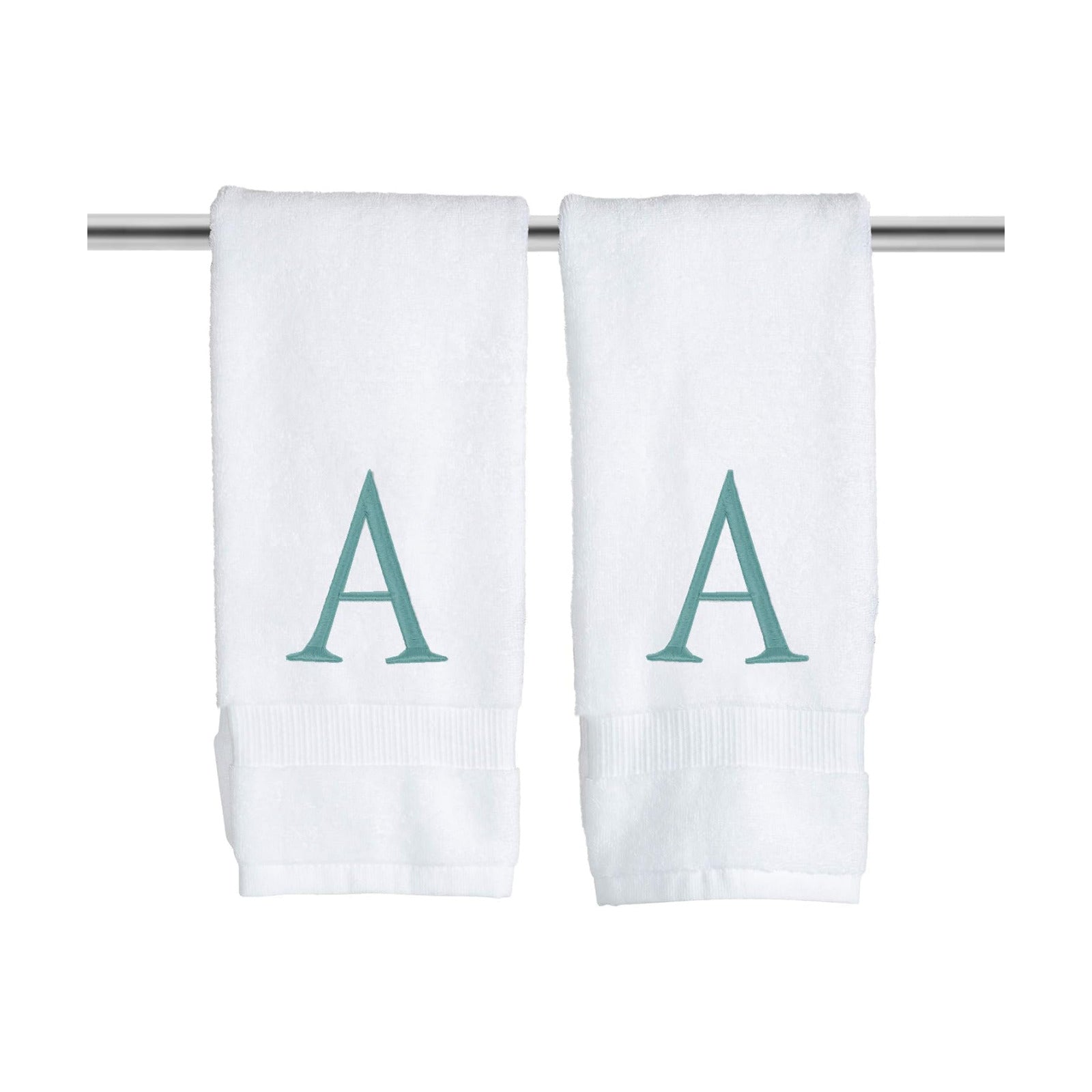 White with Teal Monogrammed Hand Towels for Bathroom - Set of 2 Letter A | Luxury Hotel Quality Initial Towels For
