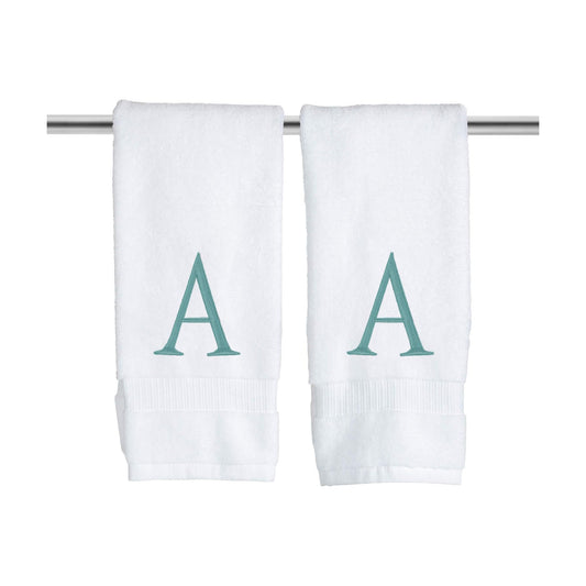 White with Teal Monogrammed Hand Towels for Bathroom - Set of 2 Letter A | Luxury Hotel Quality Initial Towels For
