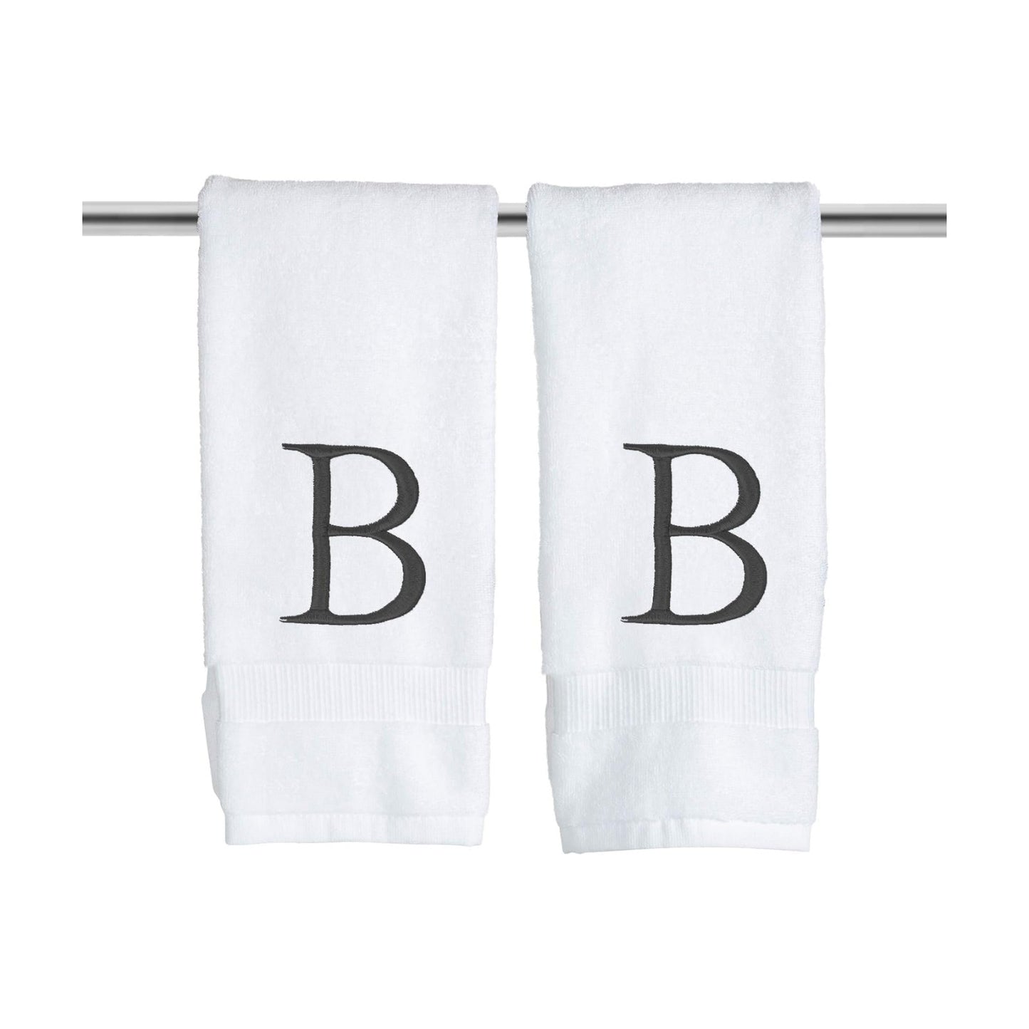 White with Dark Gray Monogrammed Hand Towels for Bathroom Set of 2 Letter B | Luxury Hotel Quality Initial Towels For