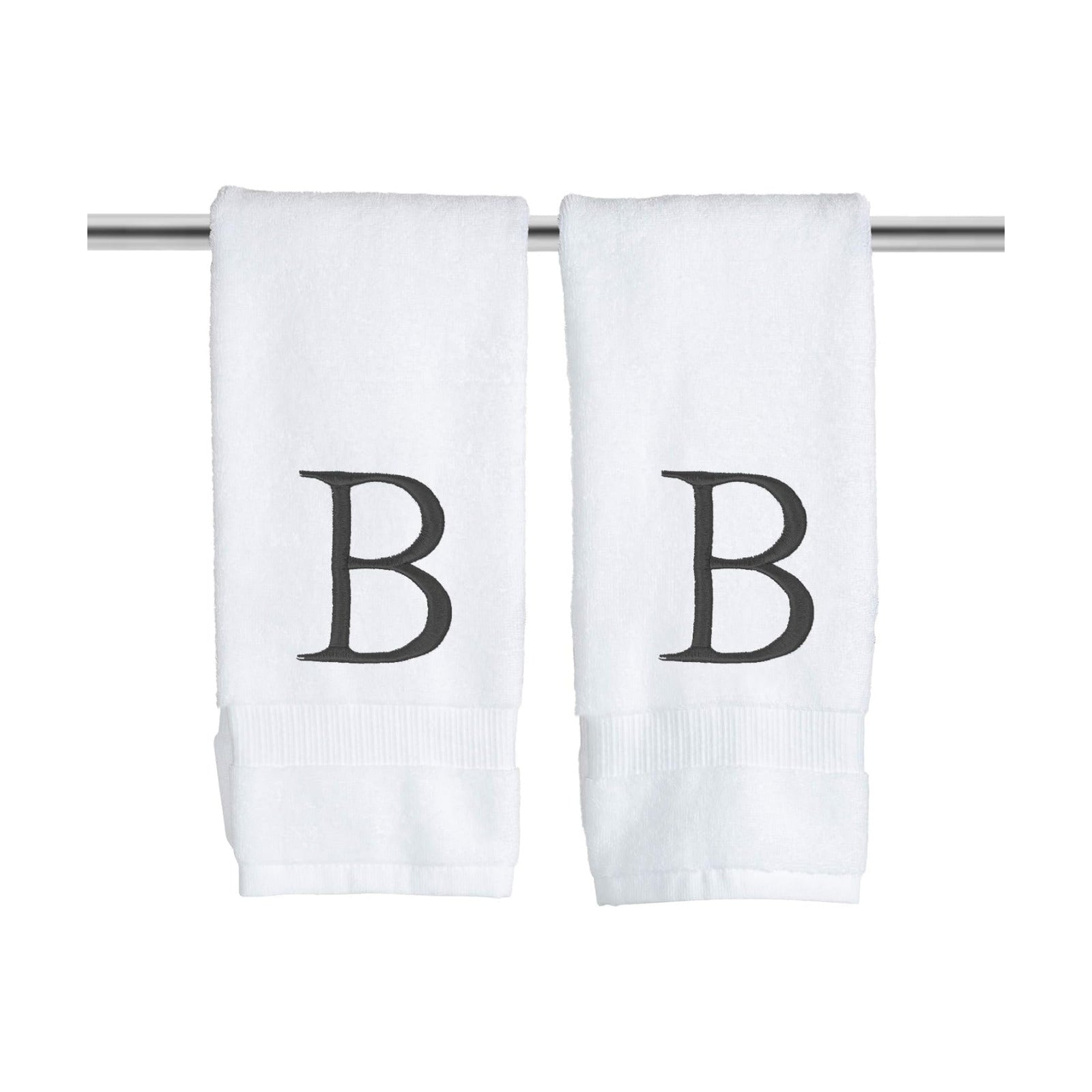 White with Dark Gray Monogrammed Hand Towels for Bathroom Set of 2 Letter B | Luxury Hotel Quality Initial Towels For