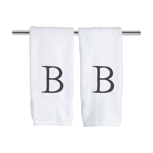 White with Dark Gray Monogrammed Hand Towels for Bathroom Set of 2 Letter B | Luxury Hotel Quality Initial Towels For