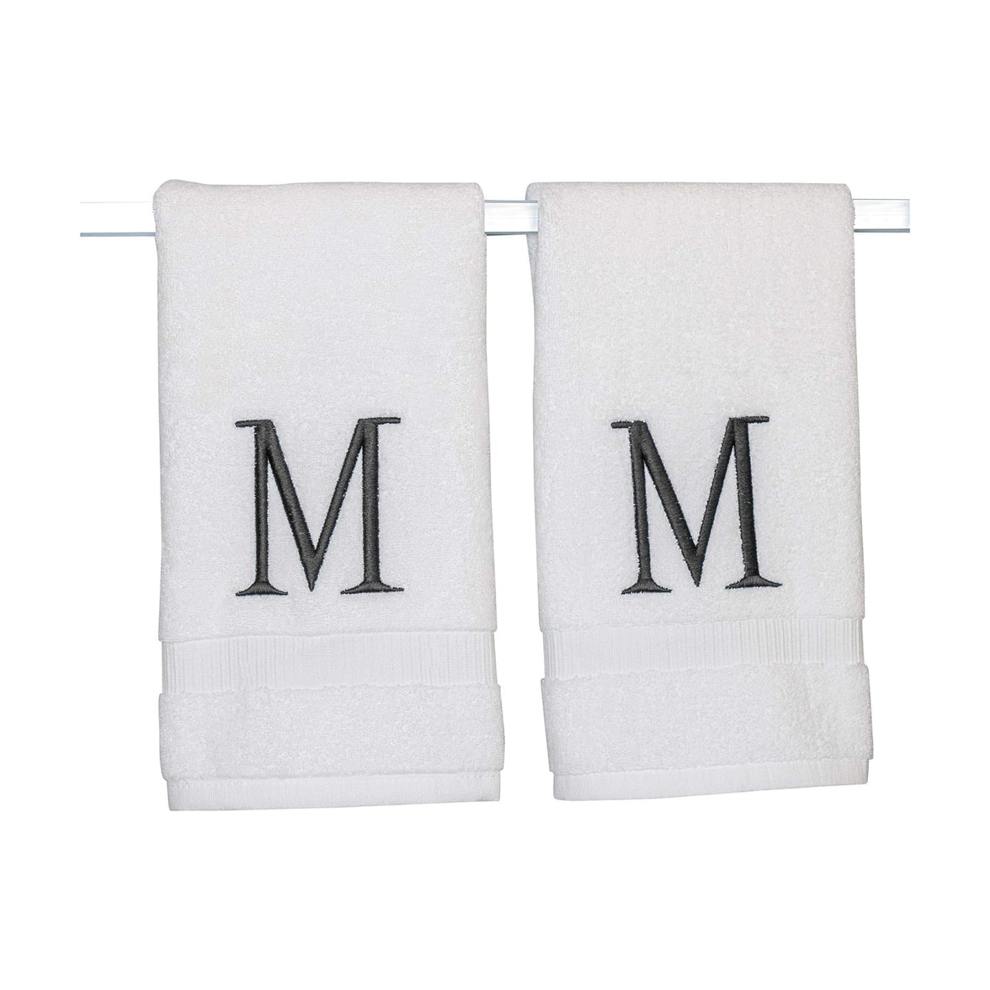 White with Dark Gray Monogrammed Hand Towels for Bathroom Set of 2 Letter M | Luxury Hotel Quality Initial Towels For
