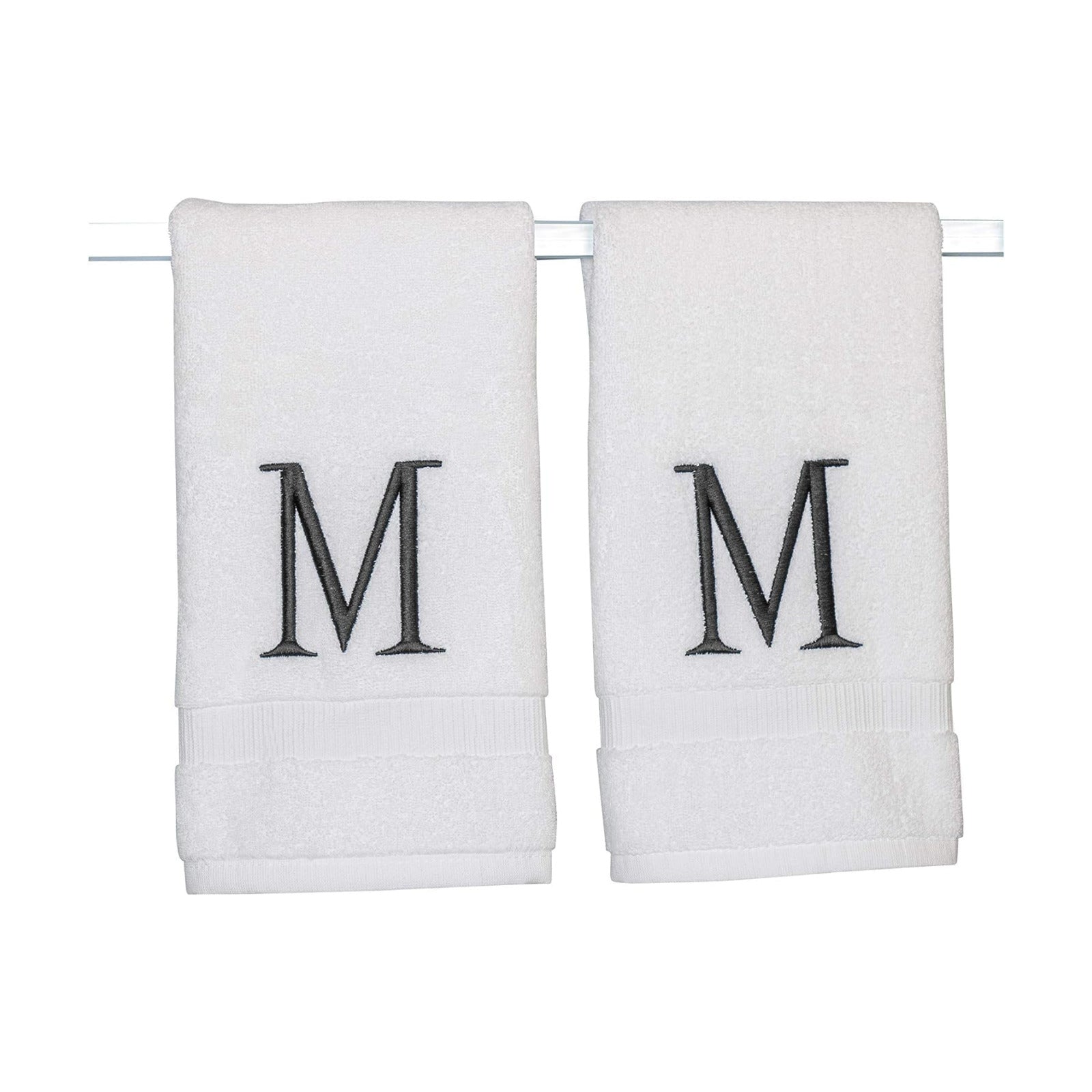 White with Dark Gray Monogrammed Hand Towels for Bathroom Set of 2 Letter M | Luxury Hotel Quality Initial Towels For