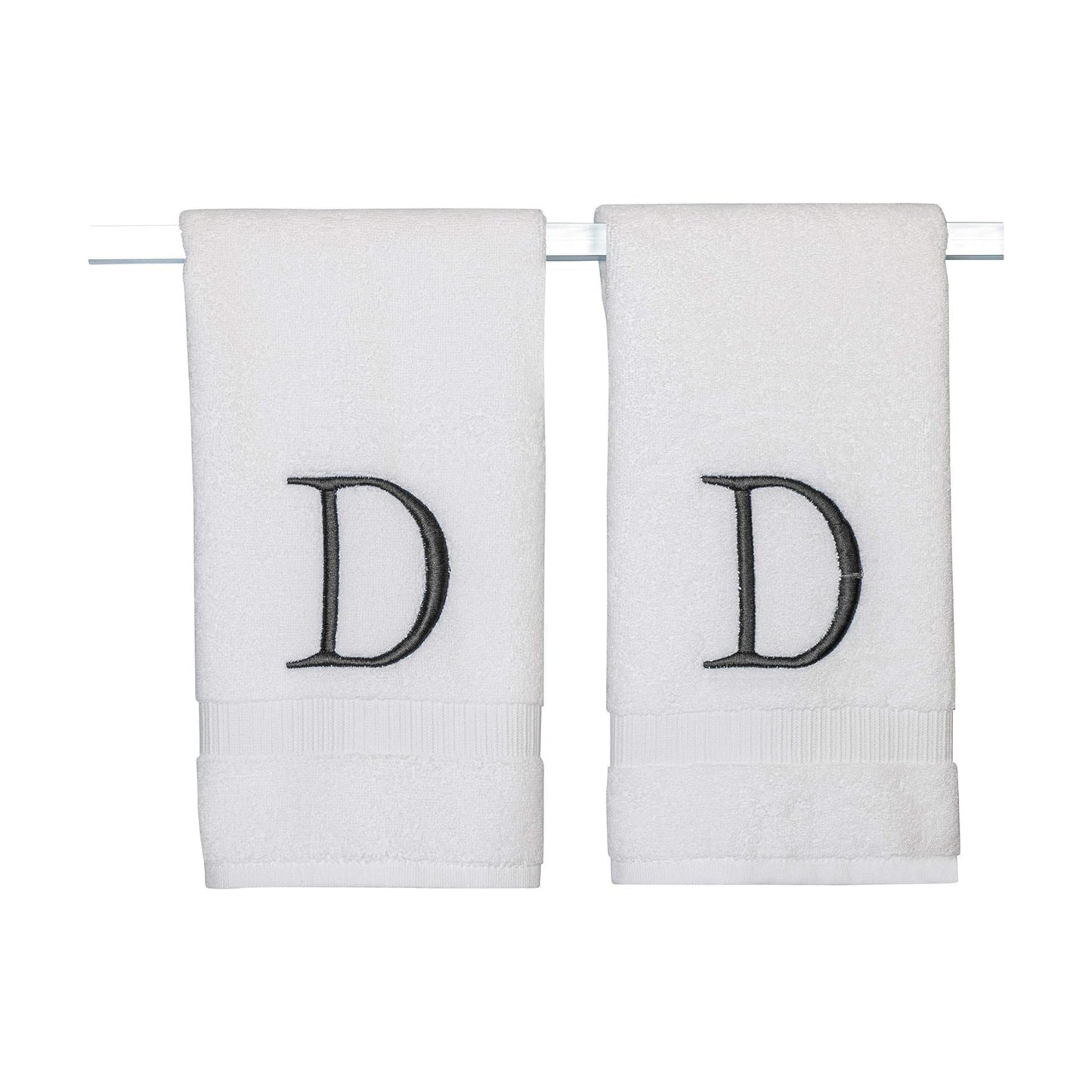 White with Dark Gray Monogrammed Hand Towels for Bathroom Set of 2 Letter D | Luxury Hotel Quality Initial Towels For