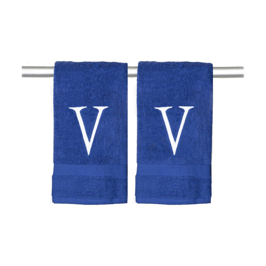 Navy with White Monogrammed Hand Towels for Bathroom - Set of 2 Letter V | Luxury Hotel Quality Initial Towels For