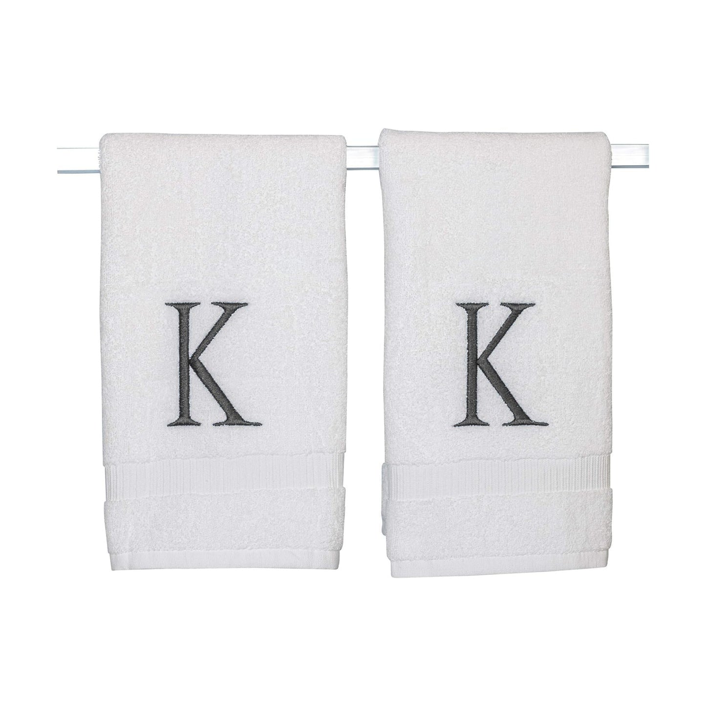 White with Dark Gray Monogrammed Hand Towels for Bathroom Set of 2 Letter K | Luxury Hotel Quality Initial Towels For