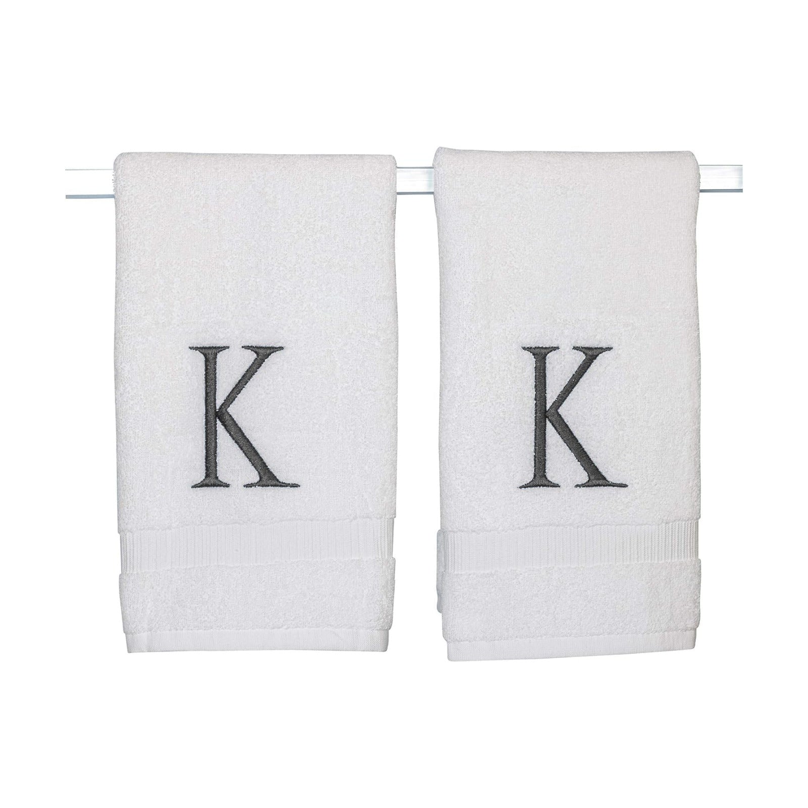 White with Dark Gray Monogrammed Hand Towels for Bathroom Set of 2 Letter K | Luxury Hotel Quality Initial Towels For
