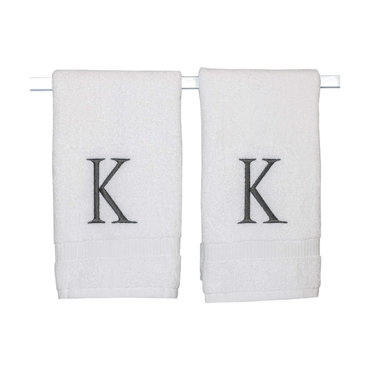 White with Dark Gray Monogrammed Hand Towels for Bathroom Set of 2 Letter K | Luxury Hotel Quality Initial Towels For