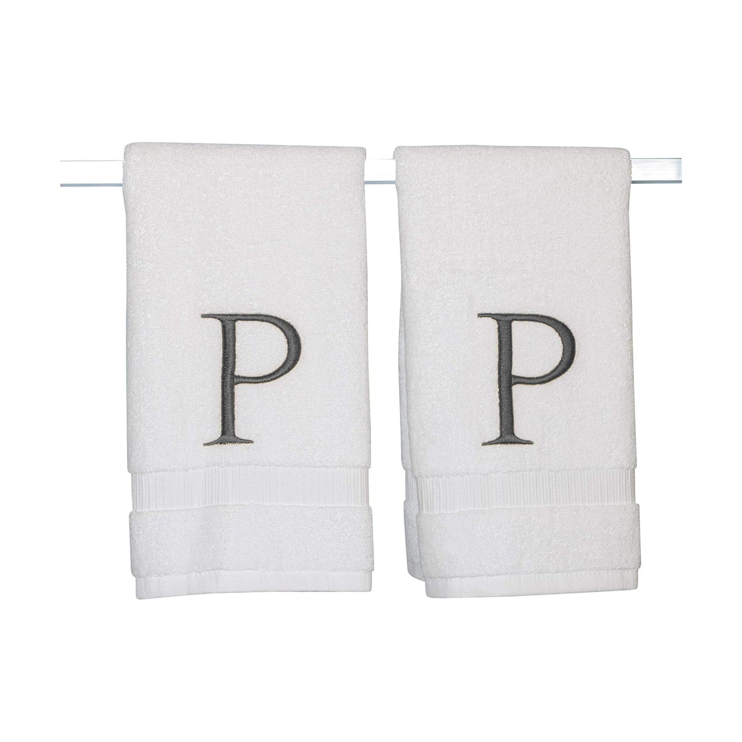White with Dark Gray Monogrammed Hand Towels for Bathroom Set of 2 Letter P | Luxury Hotel Quality Initial Towels For