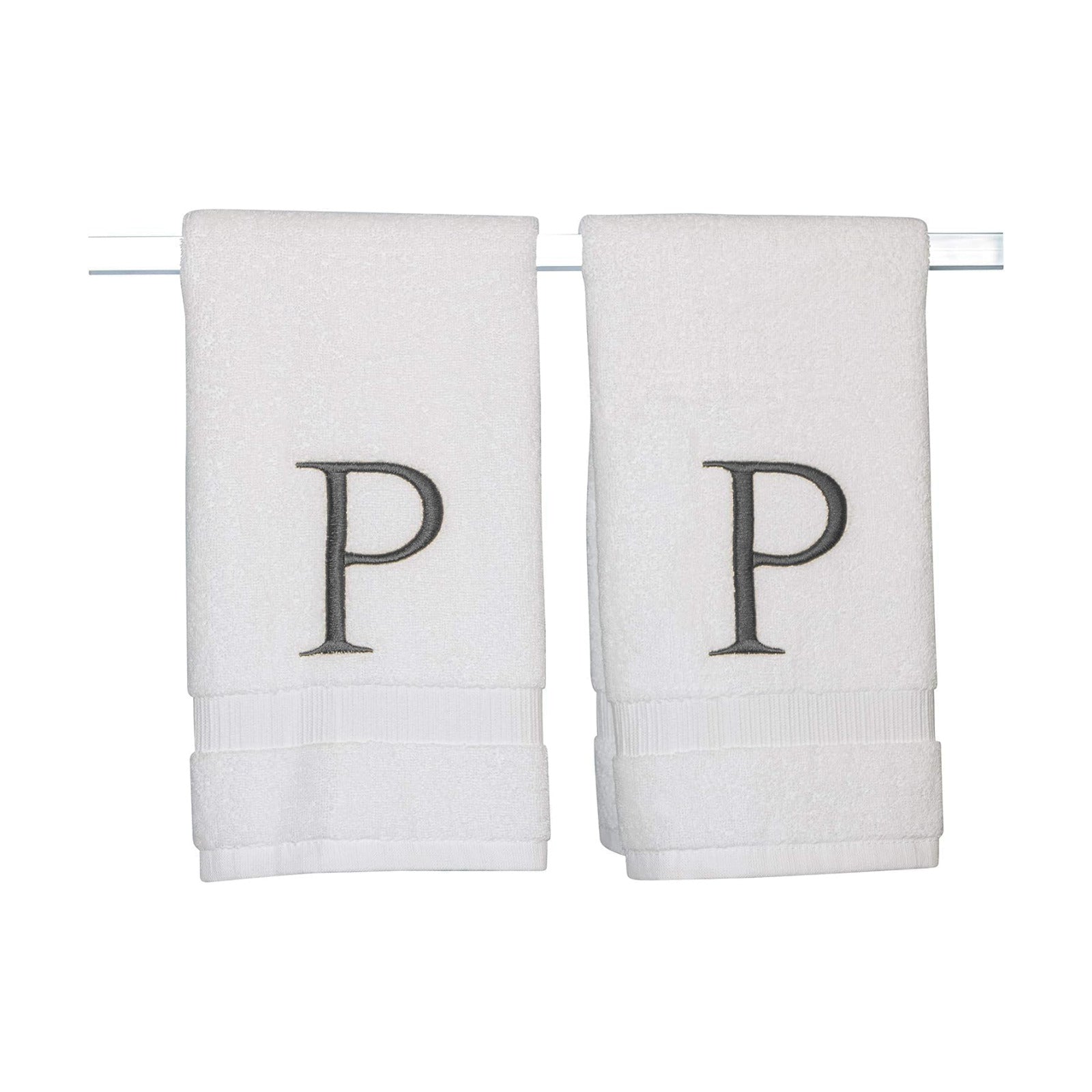 White with Dark Gray Monogrammed Hand Towels for Bathroom Set of 2 Letter P | Luxury Hotel Quality Initial Towels For