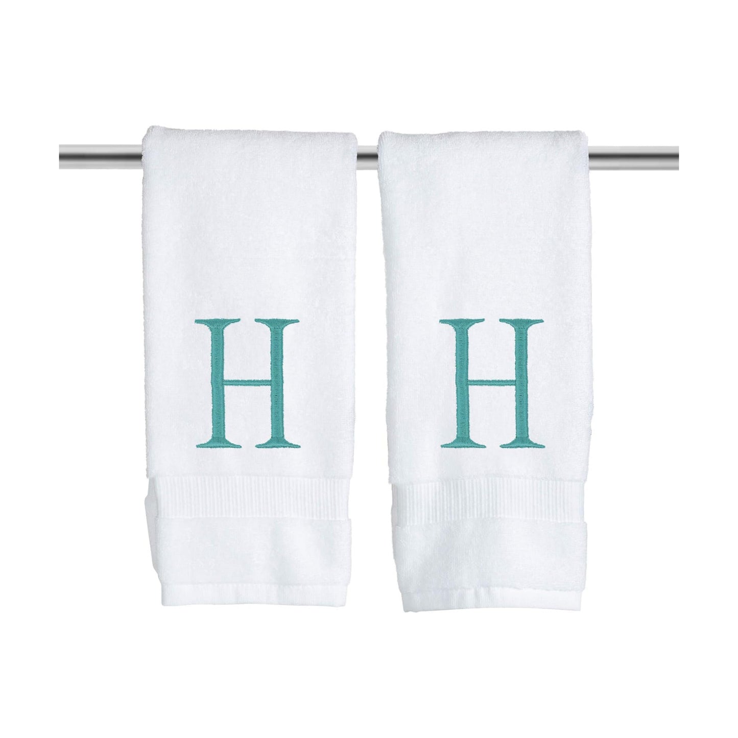 White with Teal Monogrammed Hand Towels for Bathroom - Set of 2 Letter H | Luxury Hotel Quality Initial Towels For