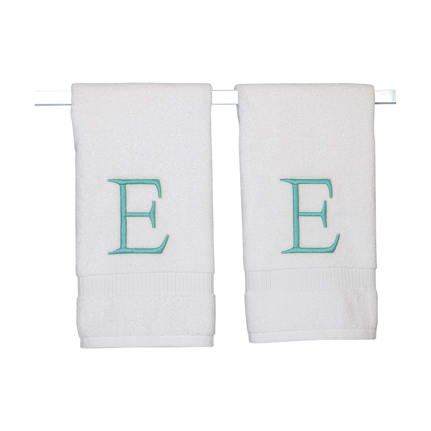 White with Teal Monogrammed Hand Towels for Bathroom - Set of 2 Letter E | Luxury Hotel Quality Initial Towels For