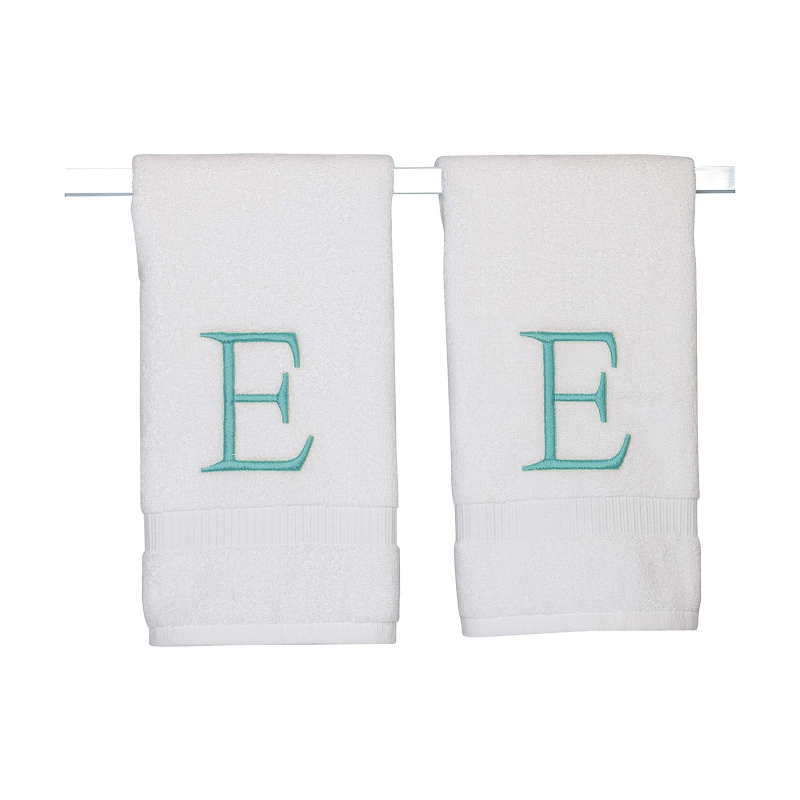 White with Teal Monogrammed Hand Towels for Bathroom - Set of 2 Letter E | Luxury Hotel Quality Initial Towels For