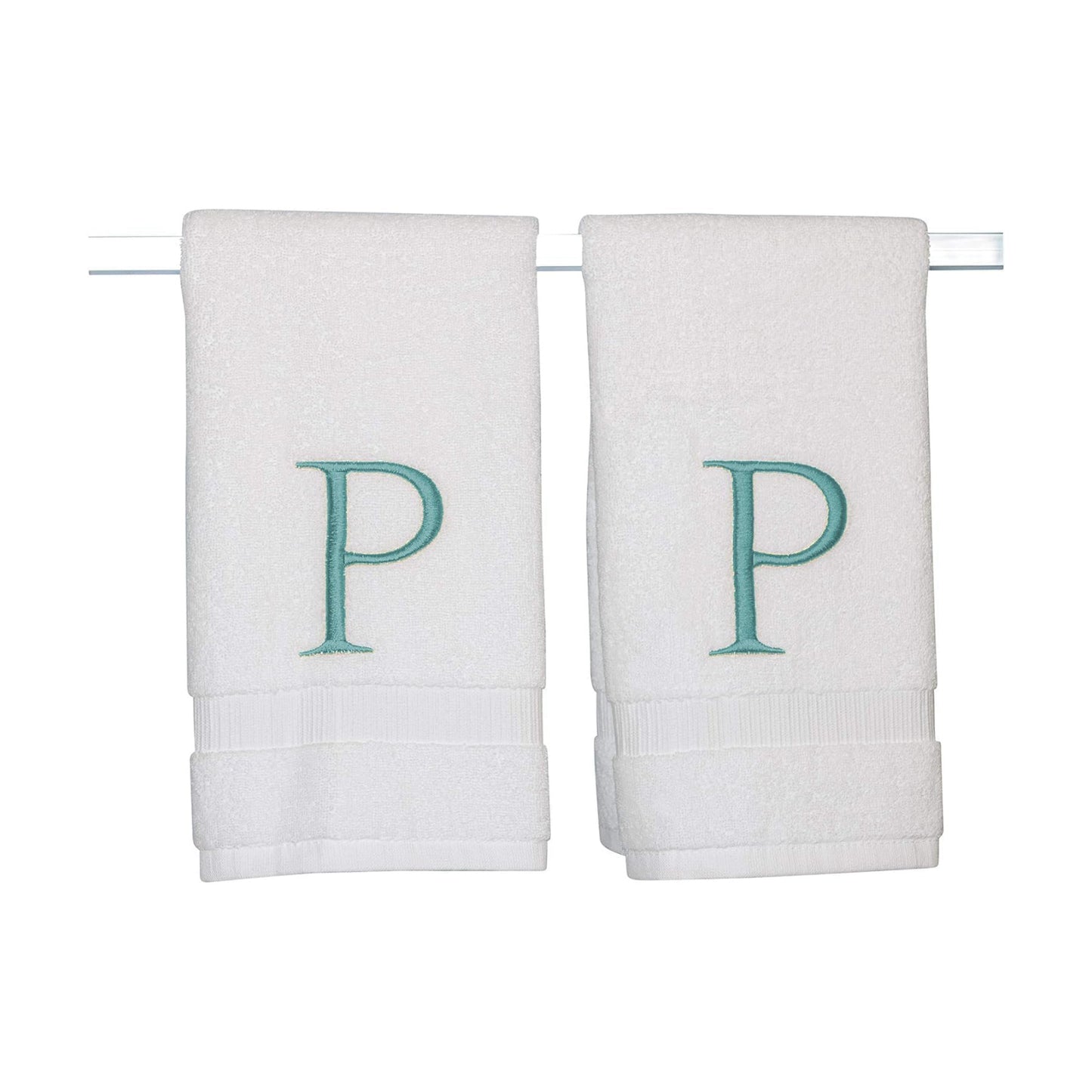 White with Teal Monogrammed Hand Towels for Bathroom - Set of 2 Letter P | Luxury Hotel Quality Initial Towels For