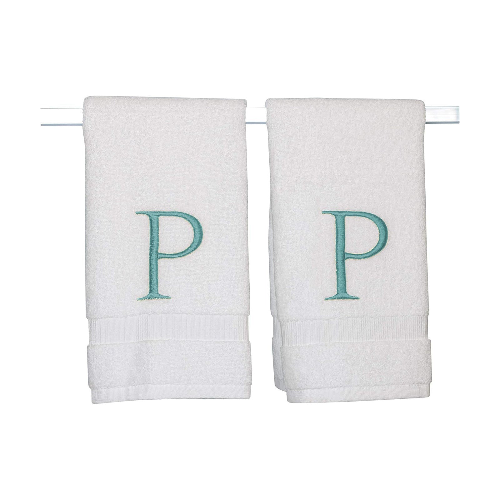White with Teal Monogrammed Hand Towels for Bathroom - Set of 2 Letter P | Luxury Hotel Quality Initial Towels For