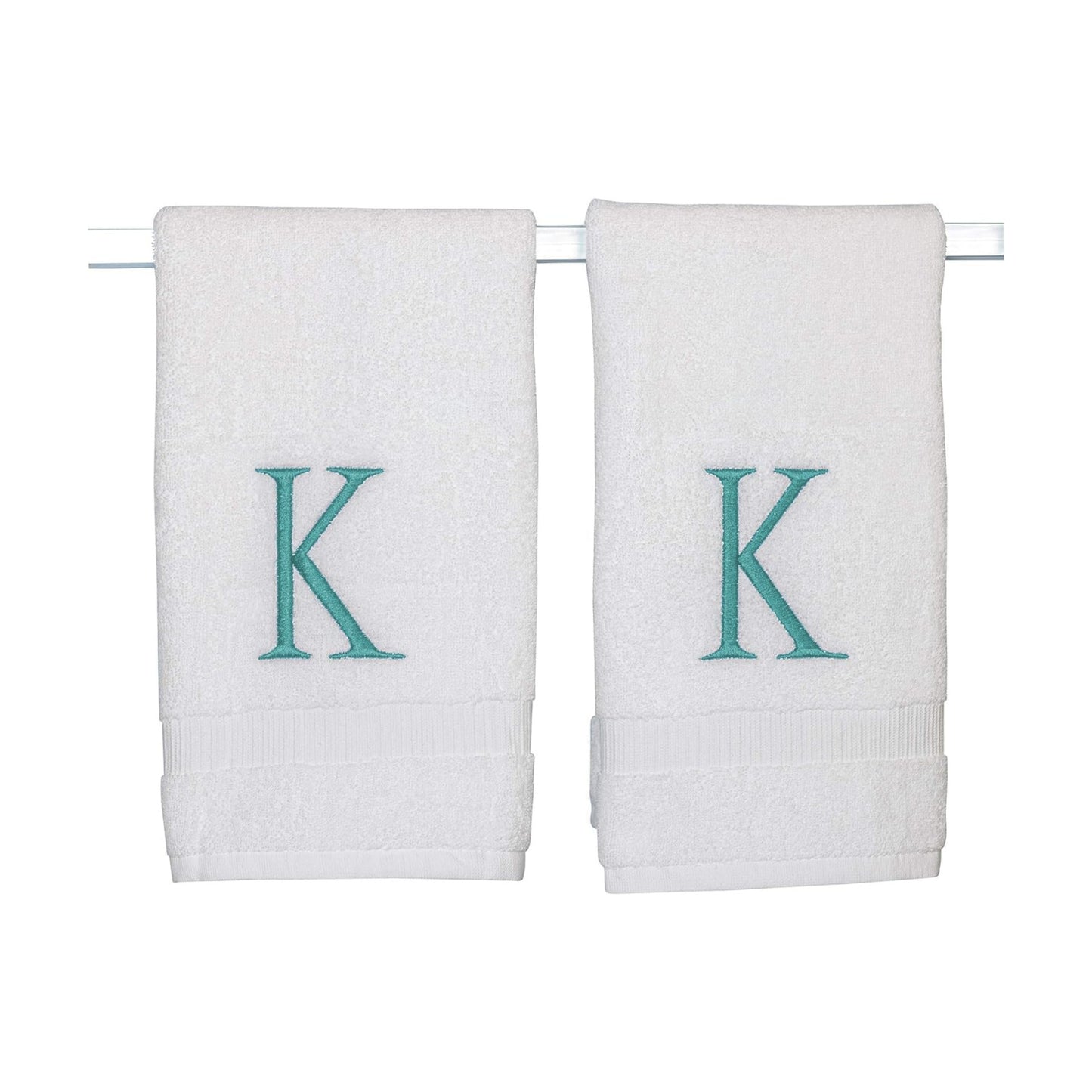 White with Teal Monogrammed Hand Towels for Bathroom - Set of 2 Letter K | Luxury Hotel Quality Initial Towels For
