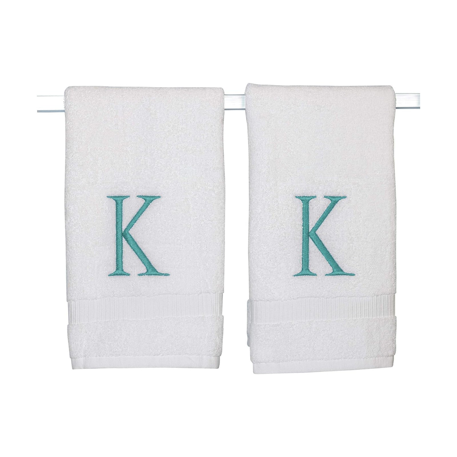 White with Teal Monogrammed Hand Towels for Bathroom - Set of 2 Letter K | Luxury Hotel Quality Initial Towels For