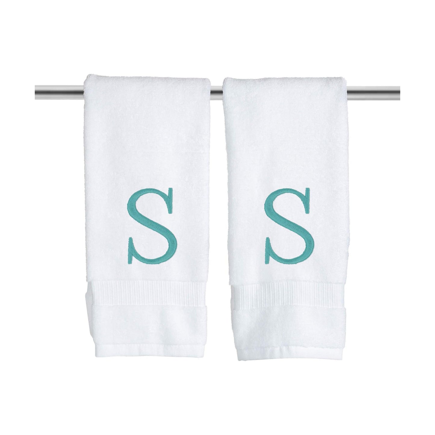 White with Teal Monogrammed Hand Towels for Bathroom - Set of 2 Letter S | Luxury Hotel Quality Initial Towels For