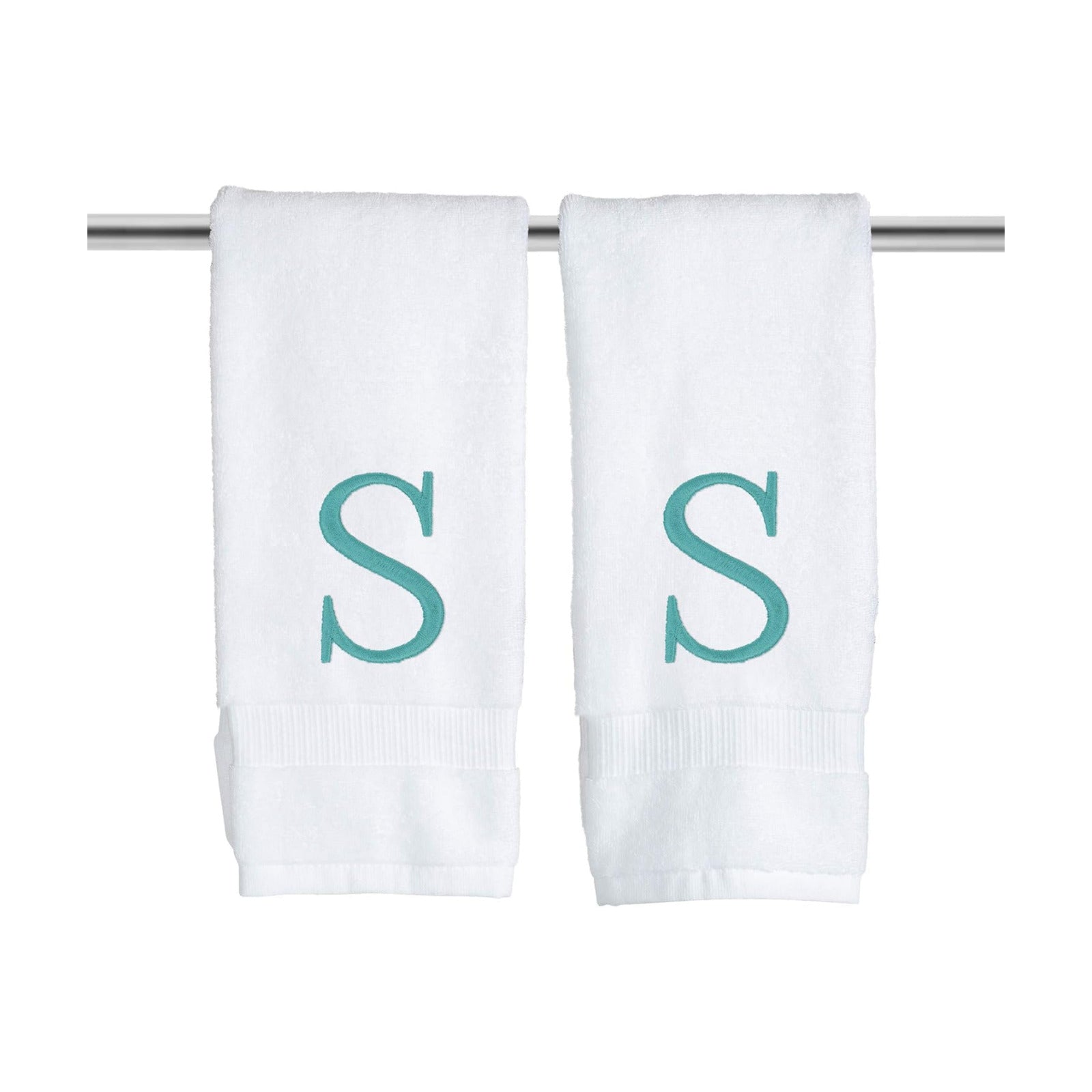 White with Teal Monogrammed Hand Towels for Bathroom - Set of 2 Letter S | Luxury Hotel Quality Initial Towels For