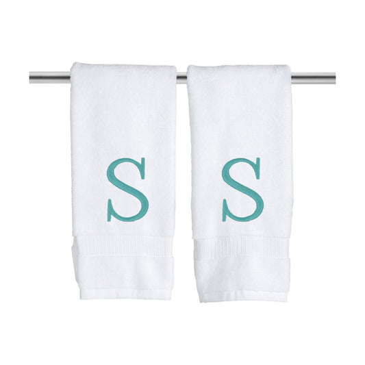 White with Teal Monogrammed Hand Towels for Bathroom - Set of 2 Letter S | Luxury Hotel Quality Initial Towels For