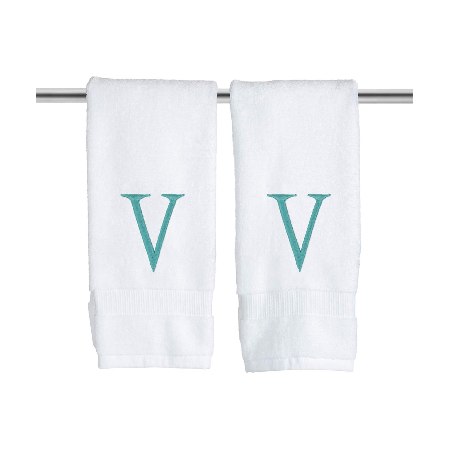 White with Teal Monogrammed Hand Towels for Bathroom - Set of 2 Letter V | Luxury Hotel Quality Initial Towels For