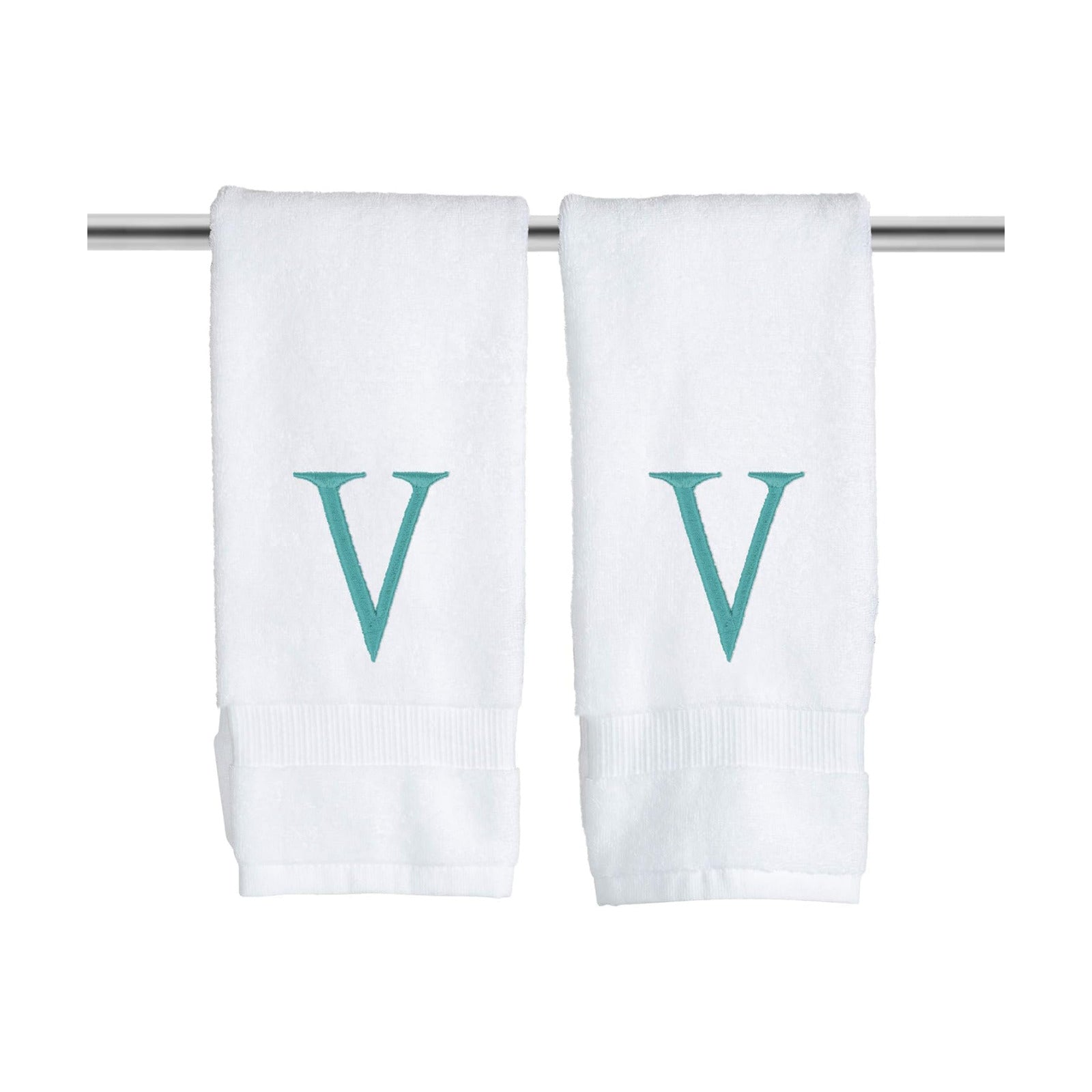 White with Teal Monogrammed Hand Towels for Bathroom - Set of 2 Letter V | Luxury Hotel Quality Initial Towels For