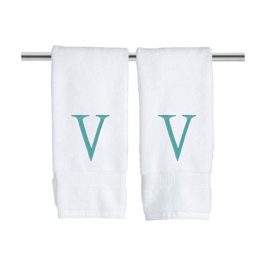 White with Teal Monogrammed Hand Towels for Bathroom - Set of 2 Letter V | Luxury Hotel Quality Initial Towels For