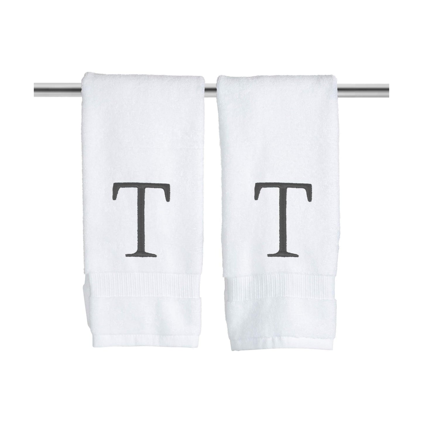 White with Dark Gray Monogrammed Hand Towels for Bathroom Set of 2 Letter T | Luxury Hotel Quality Initial Towels For