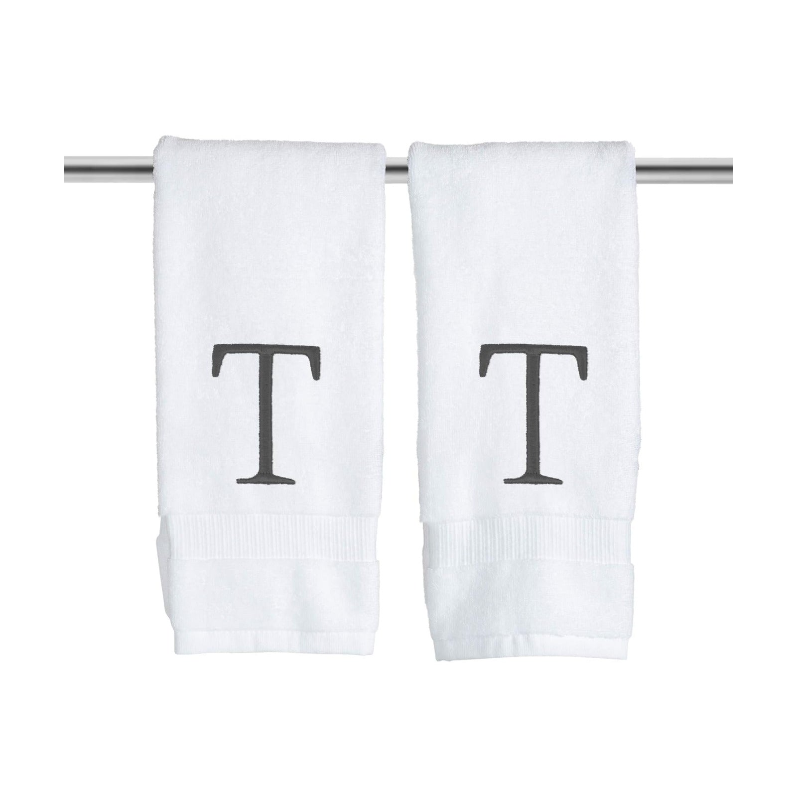 White with Dark Gray Monogrammed Hand Towels for Bathroom Set of 2 Letter T | Luxury Hotel Quality Initial Towels For