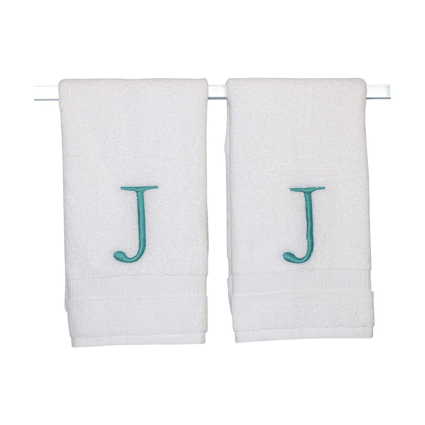 White with Teal Monogrammed Hand Towels for Bathroom - Set of 2 Letter J | Luxury Hotel Quality Initial Towels For