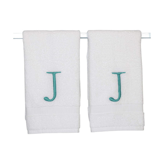 White with Teal Monogrammed Hand Towels for Bathroom - Set of 2 Letter J | Luxury Hotel Quality Initial Towels For