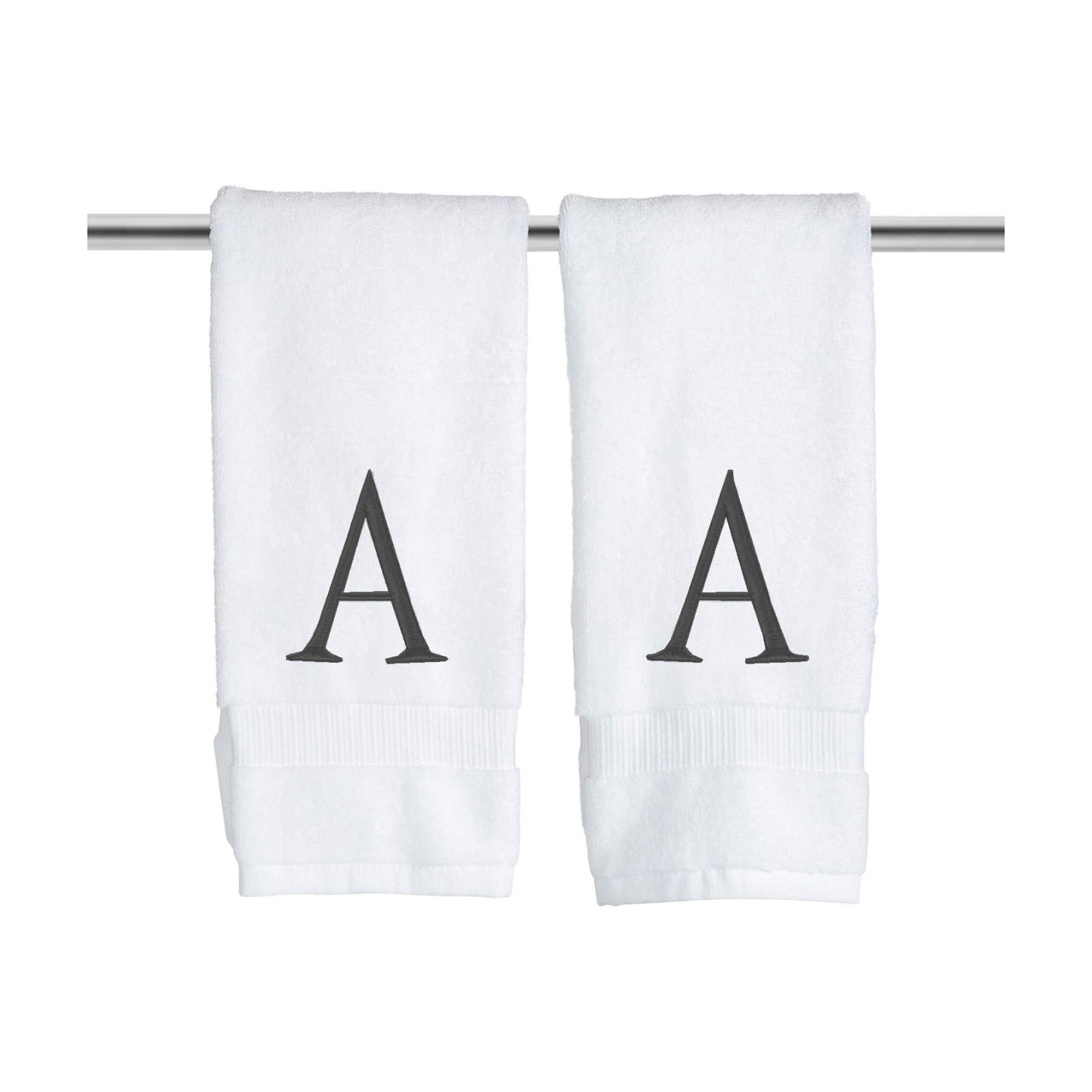 White with Dark Gray Monogrammed Hand Towels for Bathroom Set of 2 Letter A | Luxury Hotel Quality Initial Towels For