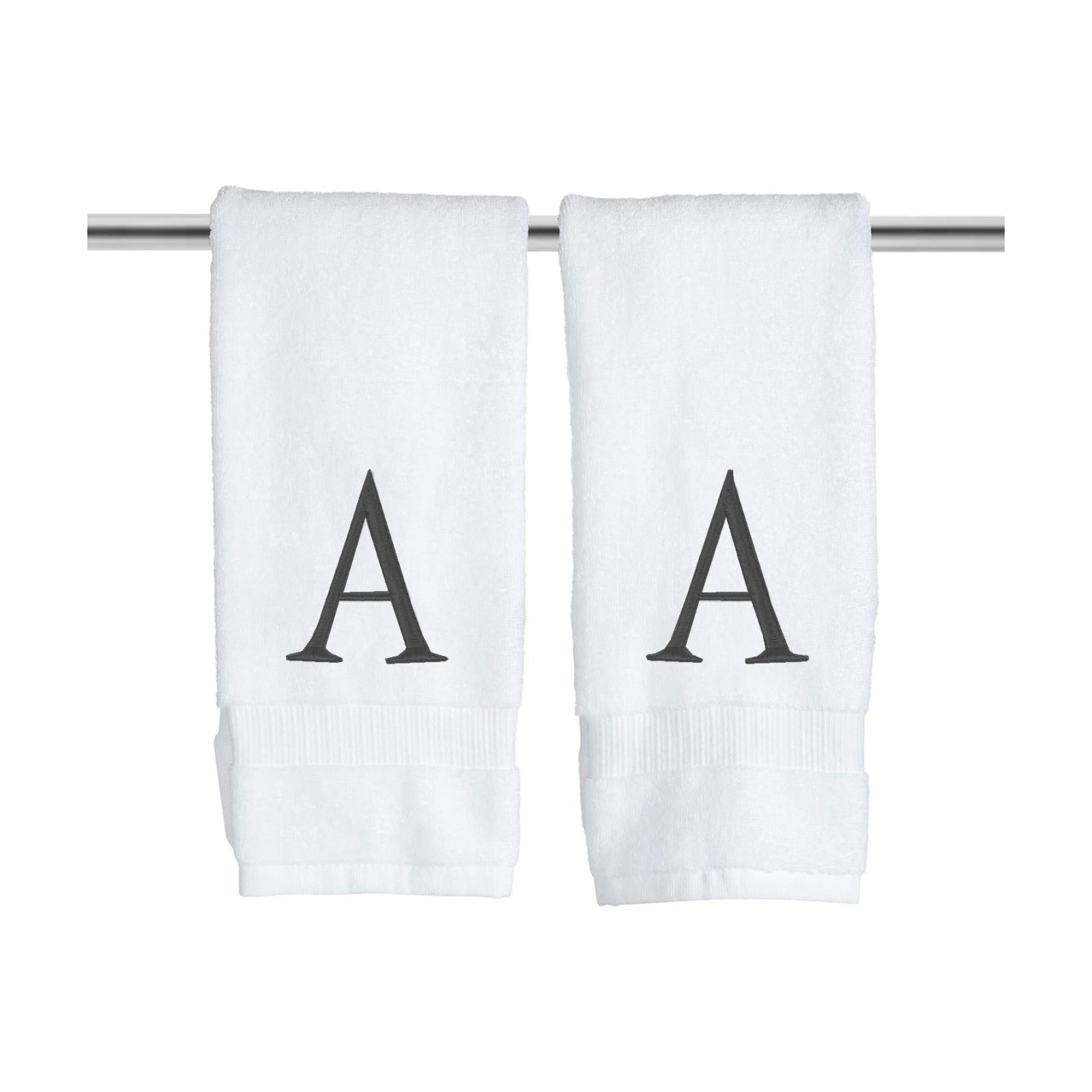 White with Dark Gray Monogrammed Hand Towels for Bathroom Set of 2 Letter A | Luxury Hotel Quality Initial Towels For