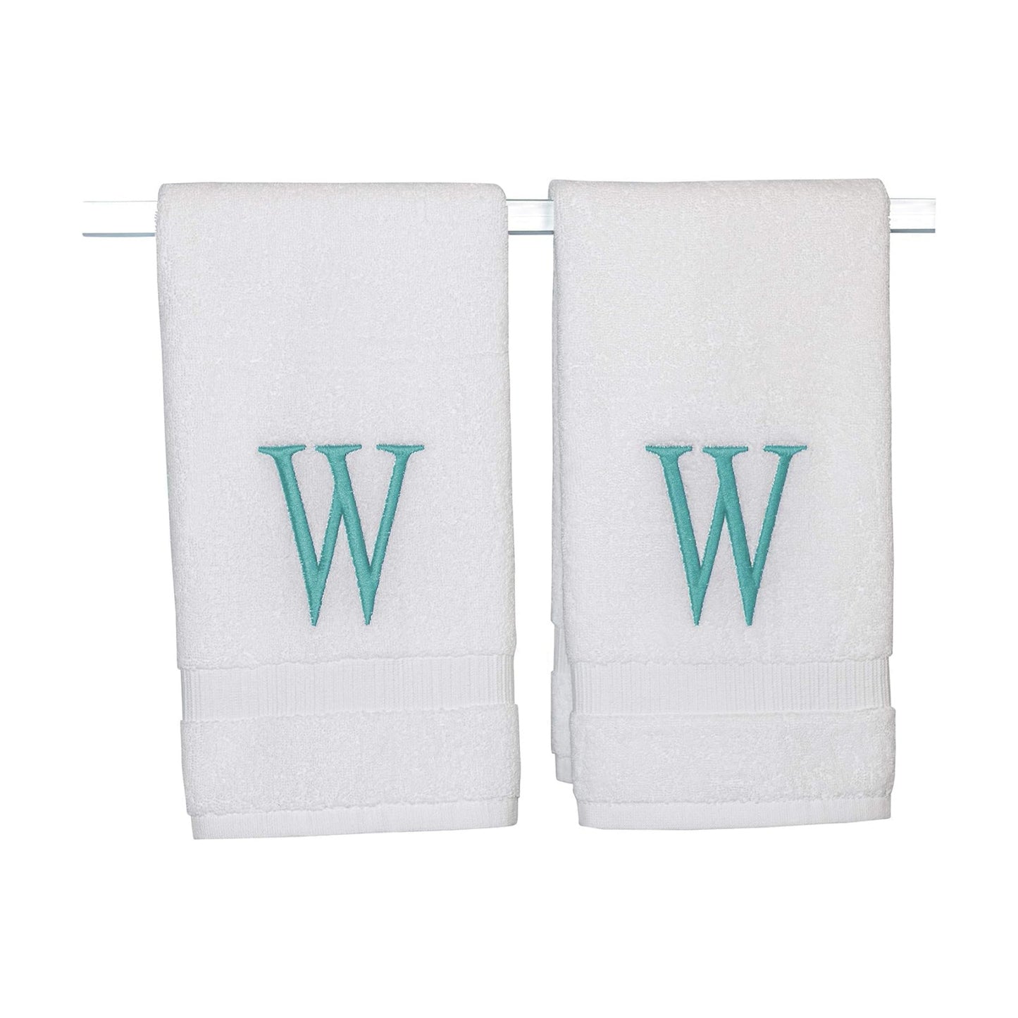 White with Teal Monogrammed Hand Towels for Bathroom - Set of 2 Letter W | Luxury Hotel Quality Initial Towels For