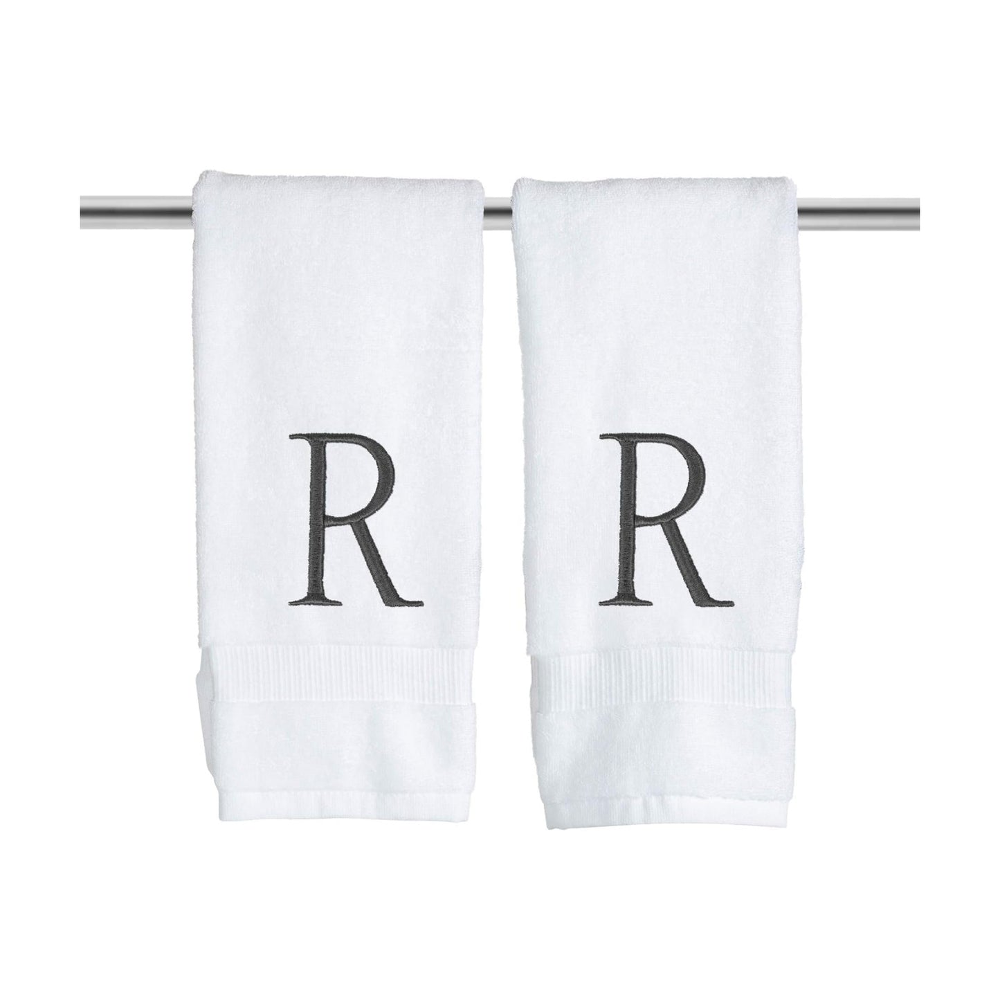 White with Dark Gray Monogrammed Hand Towels for Bathroom Set of 2 Letter R | Luxury Hotel Quality Initial Towels For