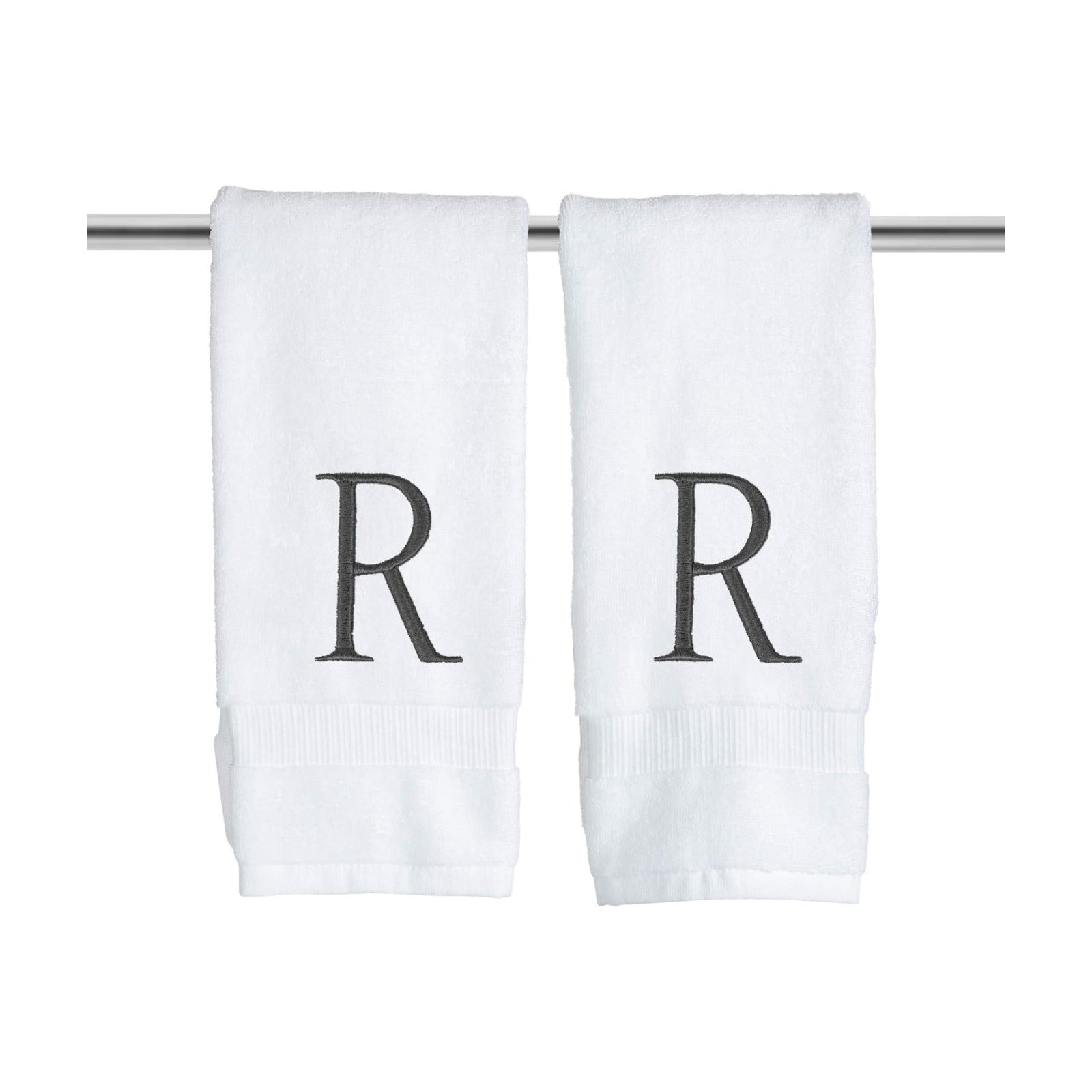 White with Dark Gray Monogrammed Hand Towels for Bathroom Set of 2 Letter R | Luxury Hotel Quality Initial Towels For
