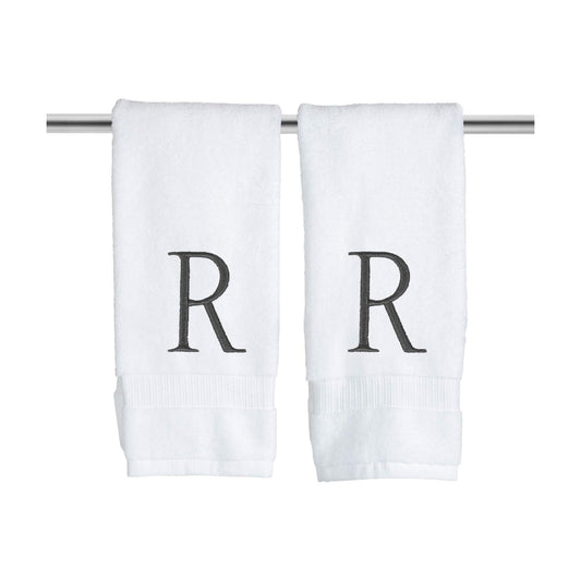 White with Dark Gray Monogrammed Hand Towels for Bathroom Set of 2 Letter R | Luxury Hotel Quality Initial Towels For