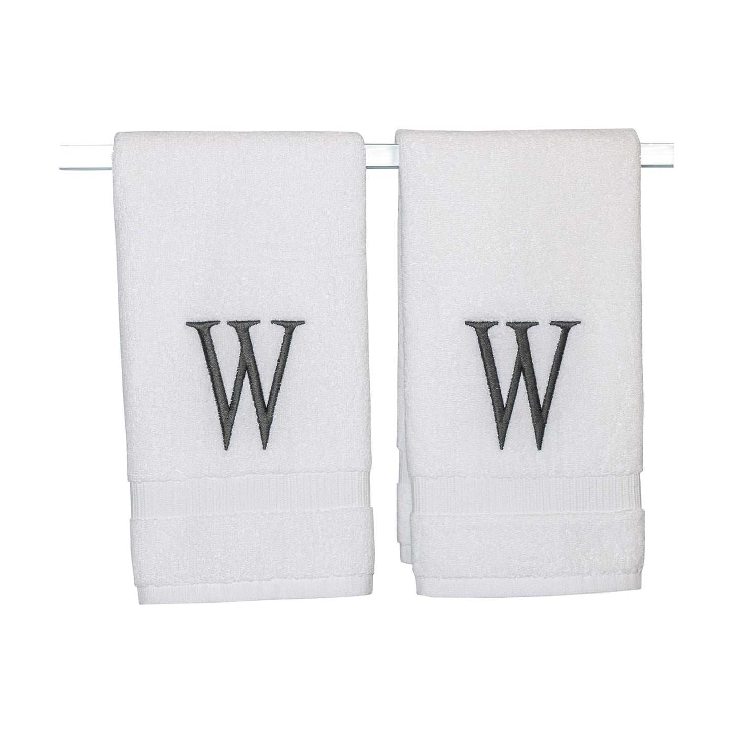 White with Dark Gray Monogrammed Hand Towels for Bathroom Set of 2 Letter W | Luxury Hotel Quality Initial Towels For