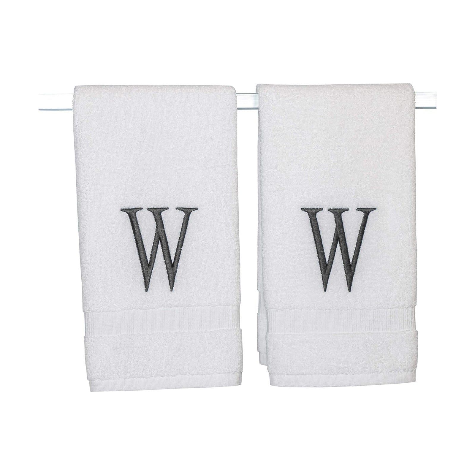 White with Dark Gray Monogrammed Hand Towels for Bathroom Set of 2 Letter W | Luxury Hotel Quality Initial Towels For