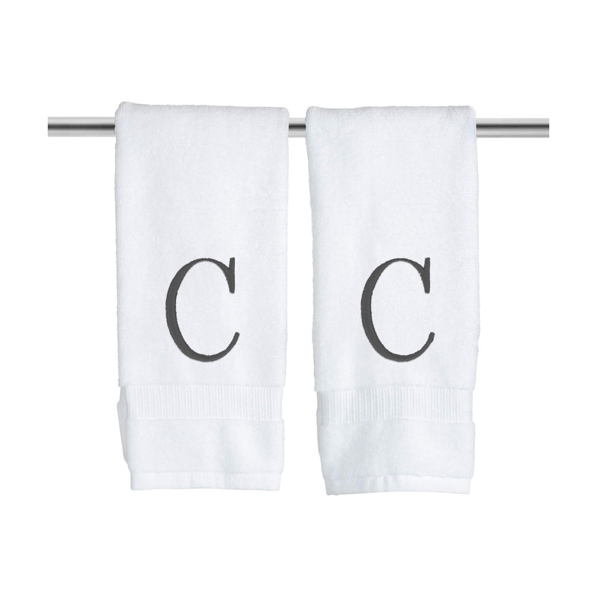 White with Dark Gray Monogrammed Hand Towels for Bathroom Set of 2 Letter C | Luxury Hotel Quality Initial Towels For